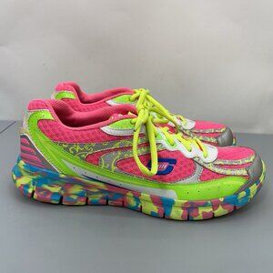 Skechers Sport Synergy Shoes Sneakers Running Pink Neon Green Confetti Women 9.5